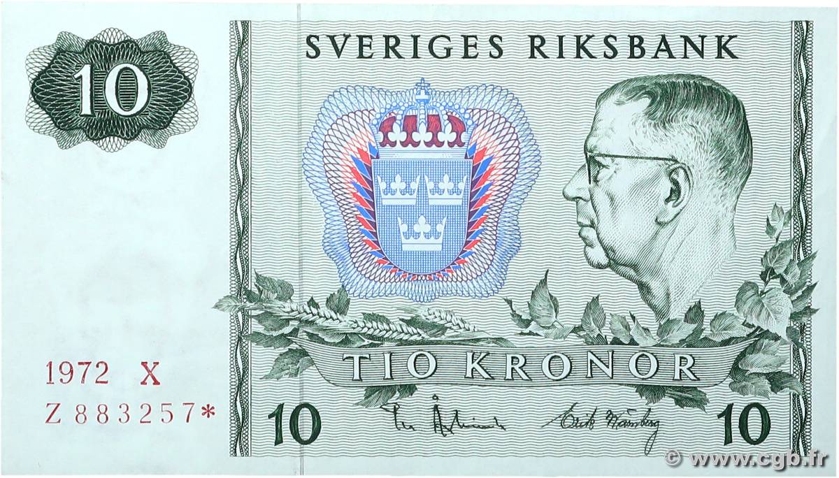 10 Kronor Remplacement SUÈDE  1972 P.52c VZ+