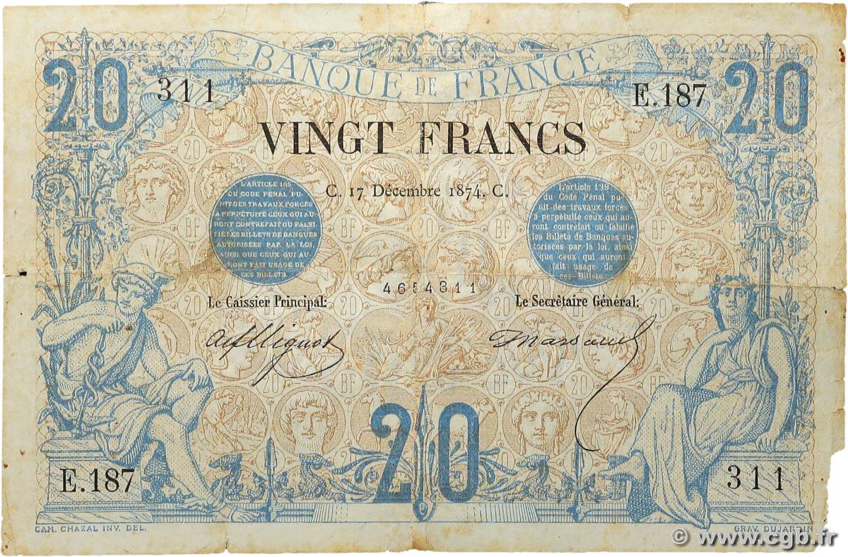 20 Francs NOIR FRANCE  1874 F.09.01 B