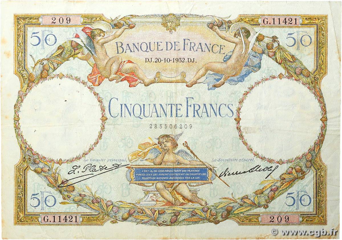 50 Francs LUC OLIVIER MERSON type modifié FRANCIA  1932 F.16.03 BC