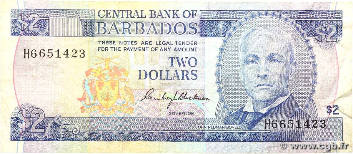 2 Dollars BARBADOS  1980 P.30a F+
