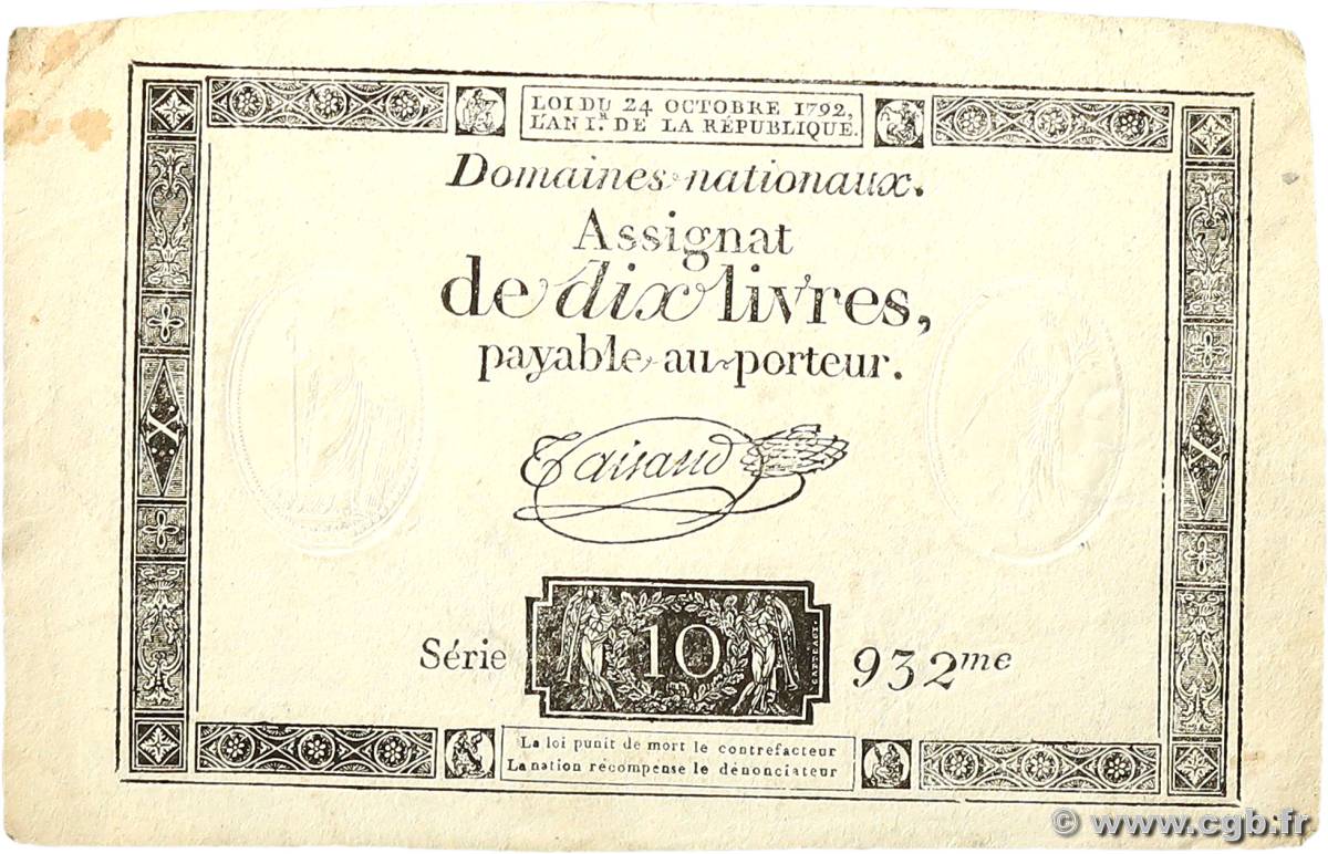 10 Livres filigrane républicain  FRANCE  1792 Ass.36a VF