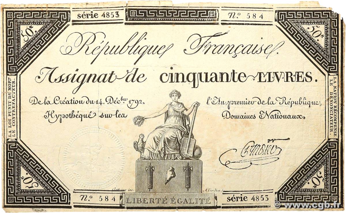50 Livres FRANKREICH  1792 Ass.39a S