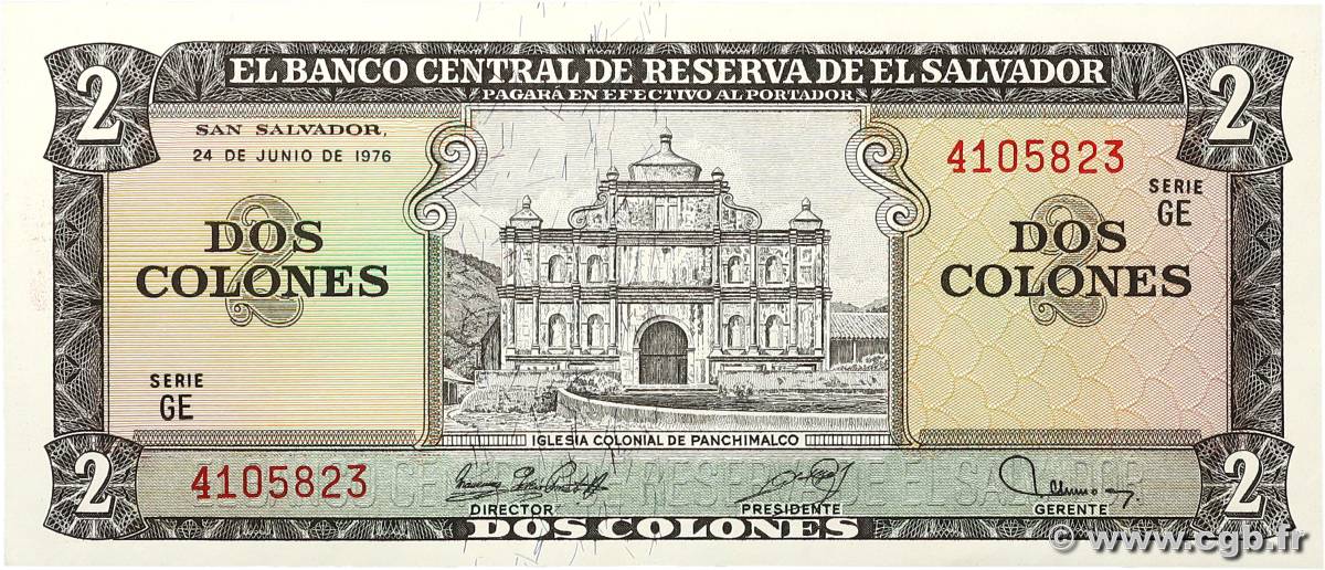 2 Colones EL SALVADOR  1976 P.124a UNC-