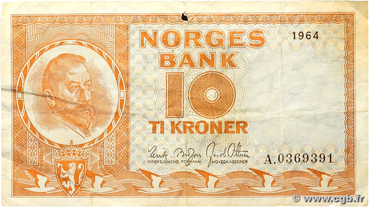 10 Kronor NORVÈGE  1964 P.31c MB