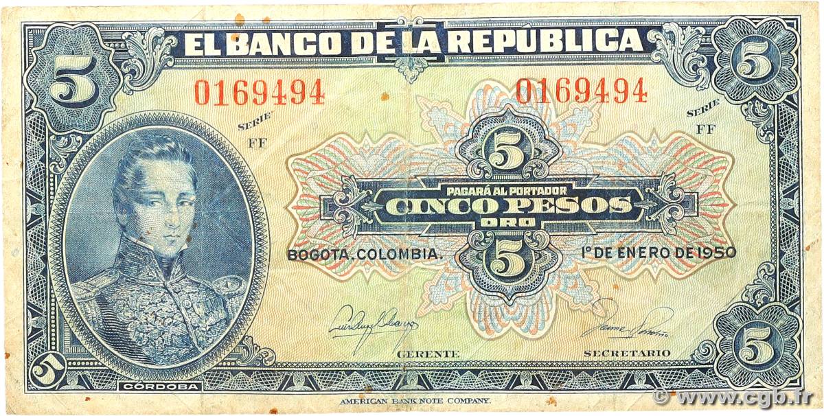 5 Pesos Oro COLOMBIA  1950 P.386e BC