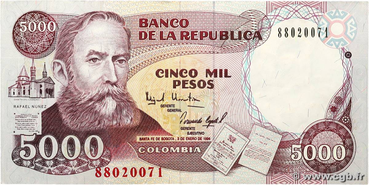 5000 Pesos COLOMBIA  1994 P.440 VF