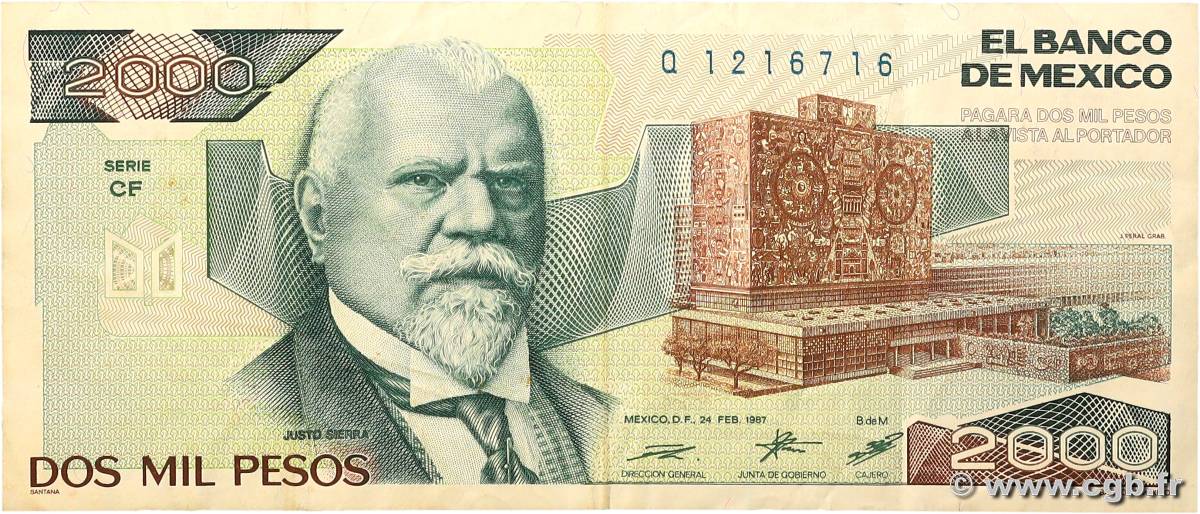 2000 Pesos MEXICO  1987 P.086b VF