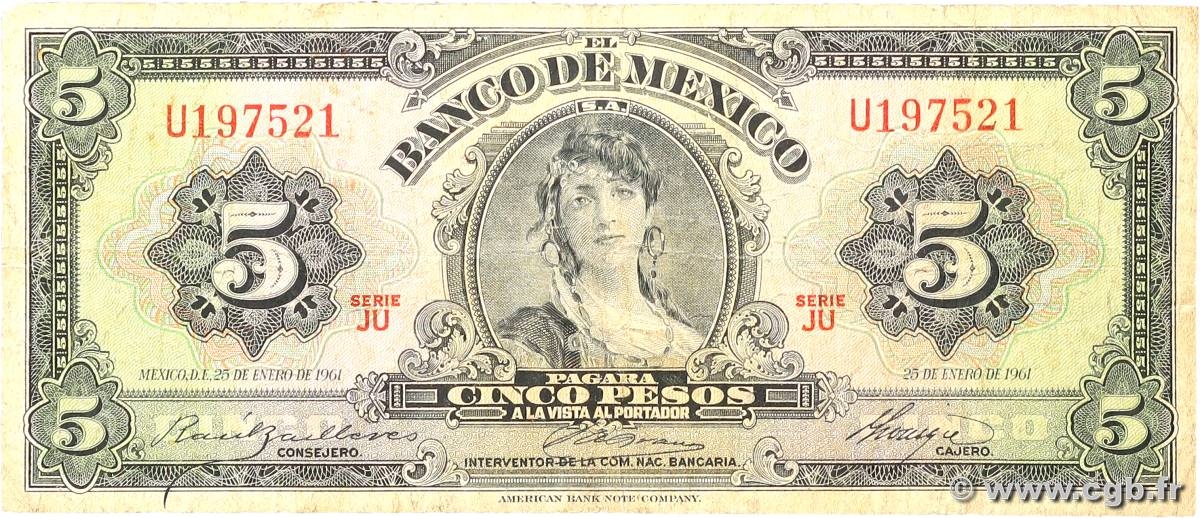 5 Pesos MEXICO  1961 P.060f fS