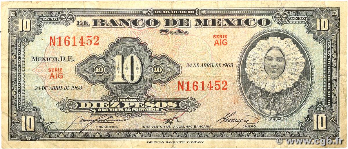 10 Pesos MEXICO  1963 P.058j S