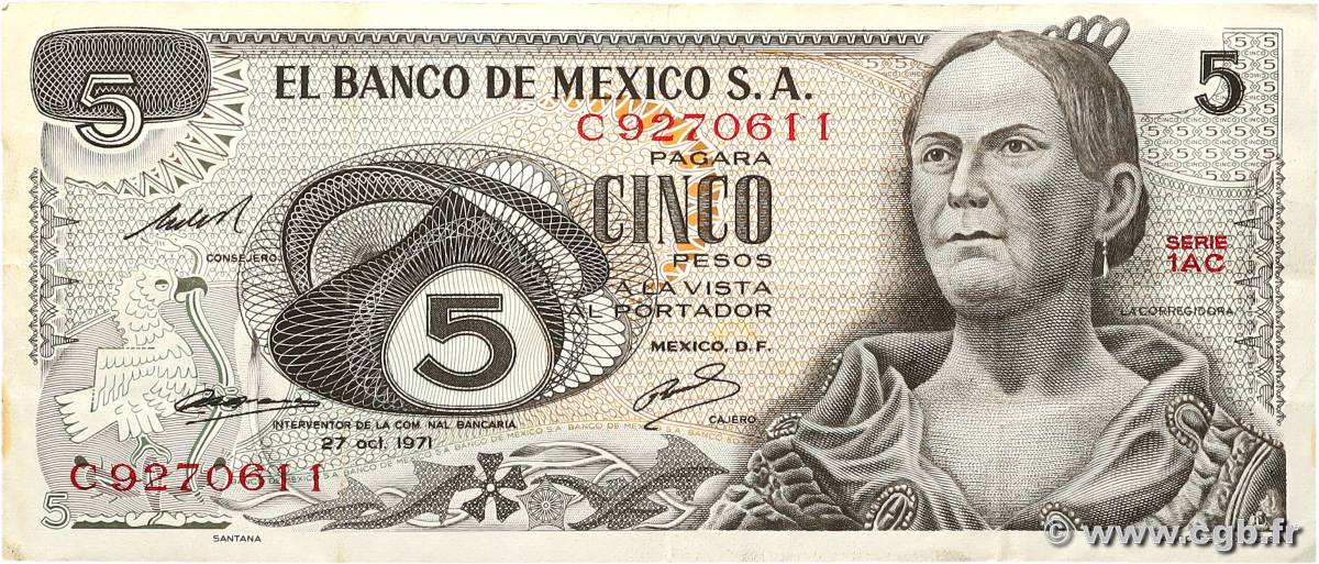5 Pesos MEXICO  1971 P.062b MBC