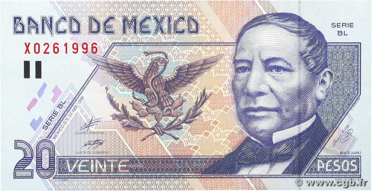 20 Pesos MEXICO  1999 P.106d XF+