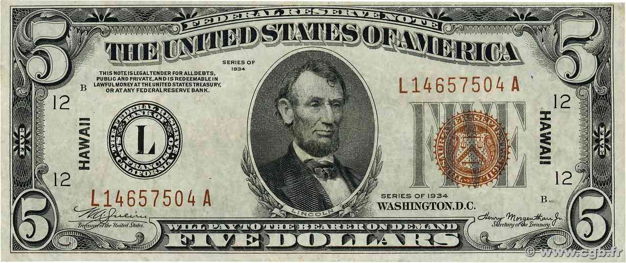 5 Dollars HAWAII  1934 P.37a SPL