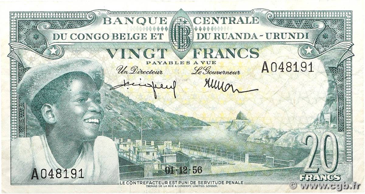 20 Francs CONGO BELGE  1956 P.31 TTB