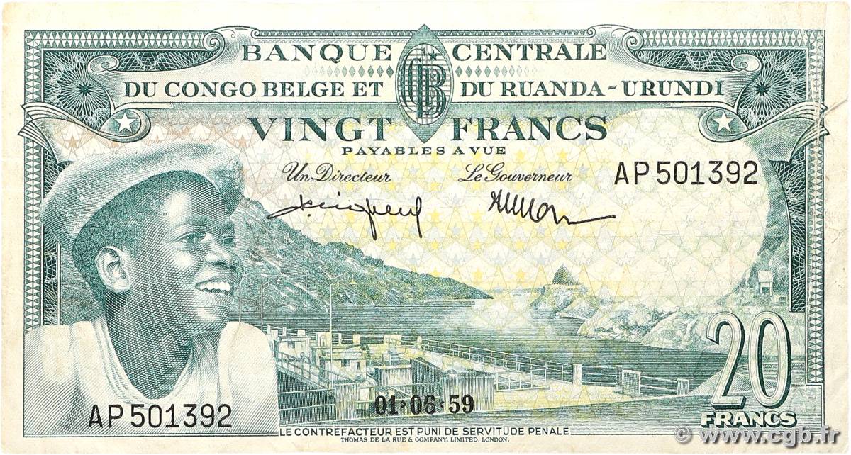 20 Francs BELGIAN CONGO  1956 P.31 VF