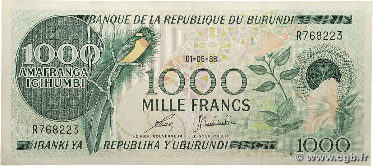 1000 Francs BURUNDI  1988 P.31d XF-