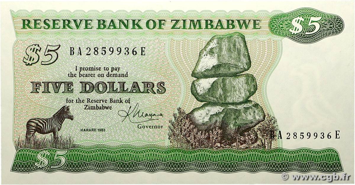 5 Dollars ZIMBABWE Harare 1983 P.02c pr.NEUF