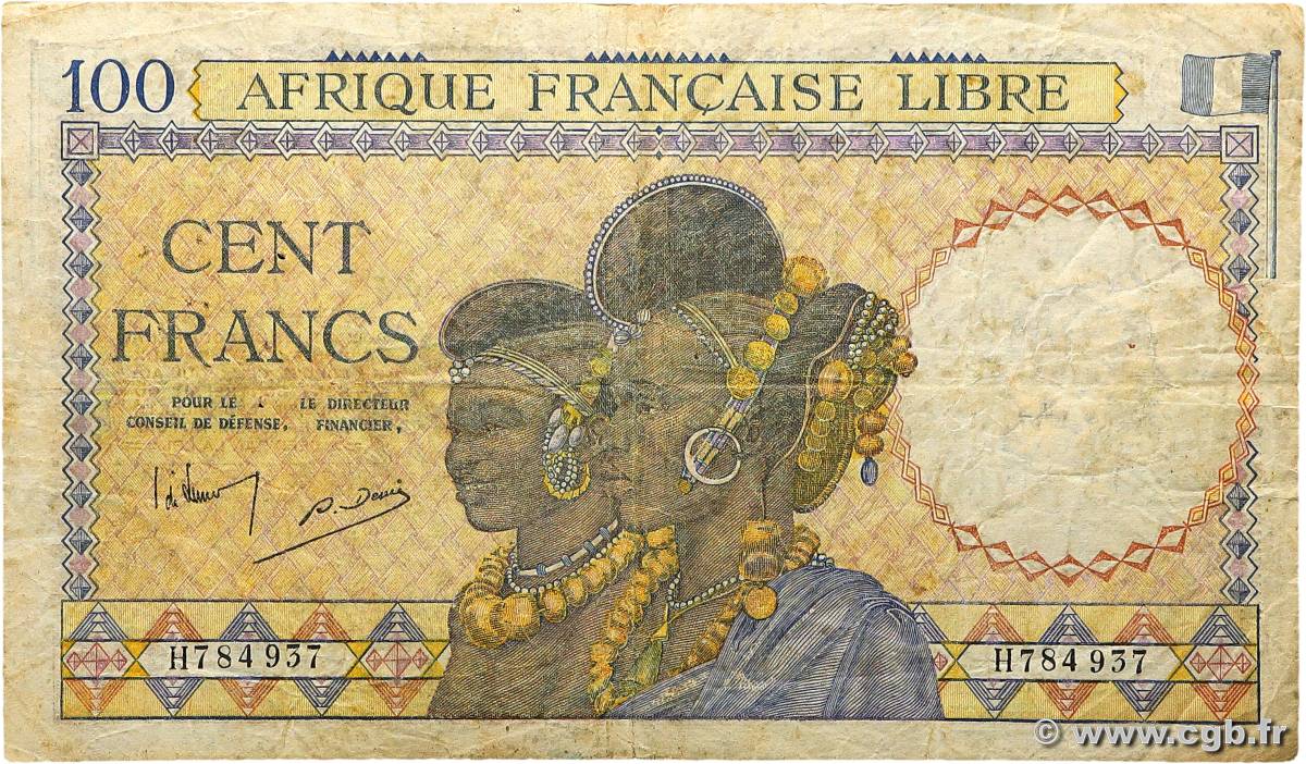 100 Francs type 1941 AFRIQUE ÉQUATORIALE FRANÇAISE Brazzaville 1943 A.116b F