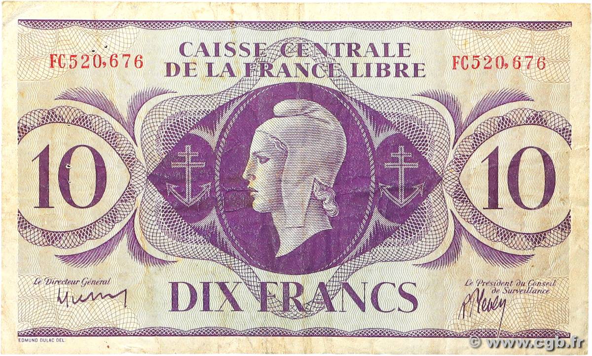 10 Francs Marianne CCFL AFRIQUE ÉQUATORIALE FRANÇAISE Brazzaville 1944 A.119b BC