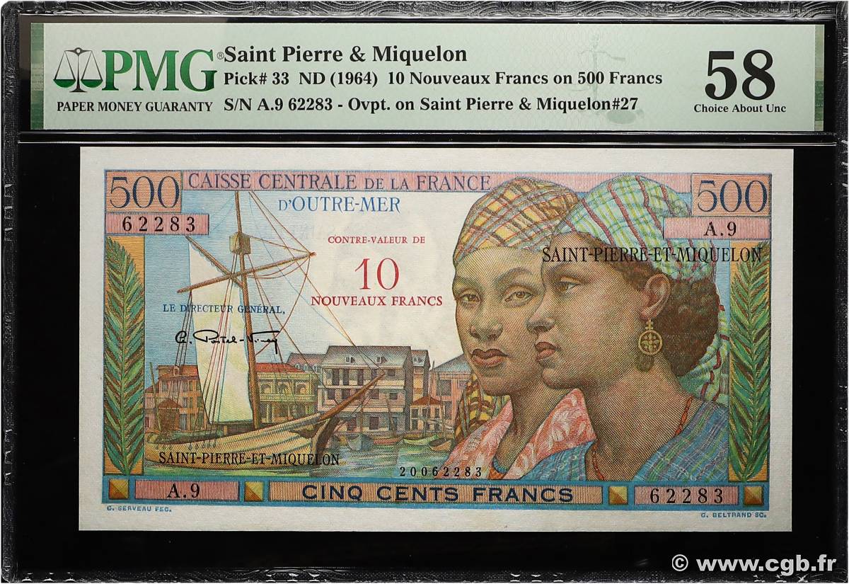 10 NF sur 500 Francs Pointe à Pitre SAINT PIERRE ET MIQUELON  1964 P.33a SPL