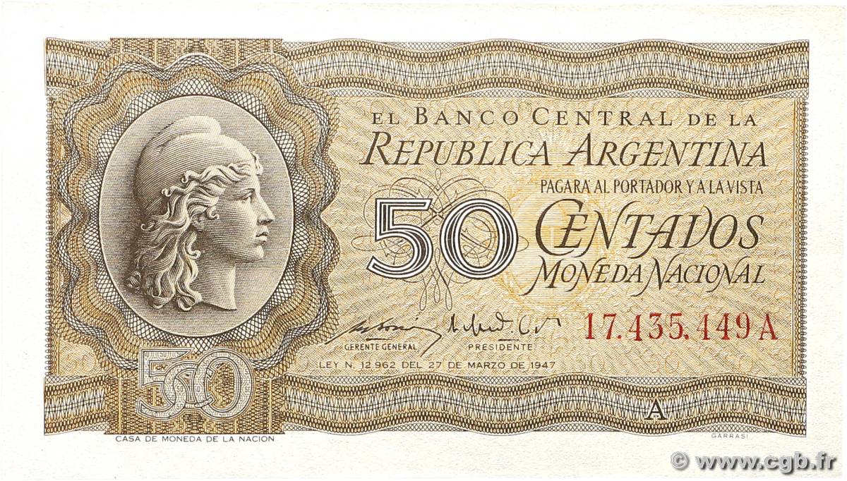 50 Centavos ARGENTINA  1950 P.259a UNC-