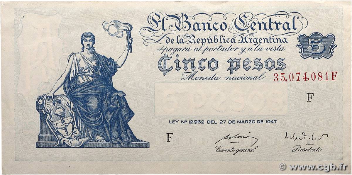 5 Pesos ARGENTINA  1949 P.258 AU