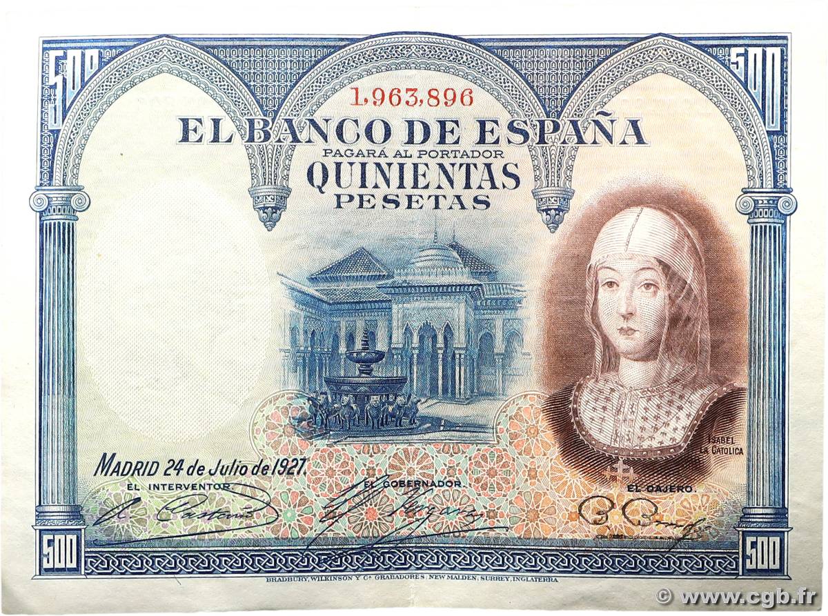 500 Pesetas SPAIN  1927 P.073c VF+