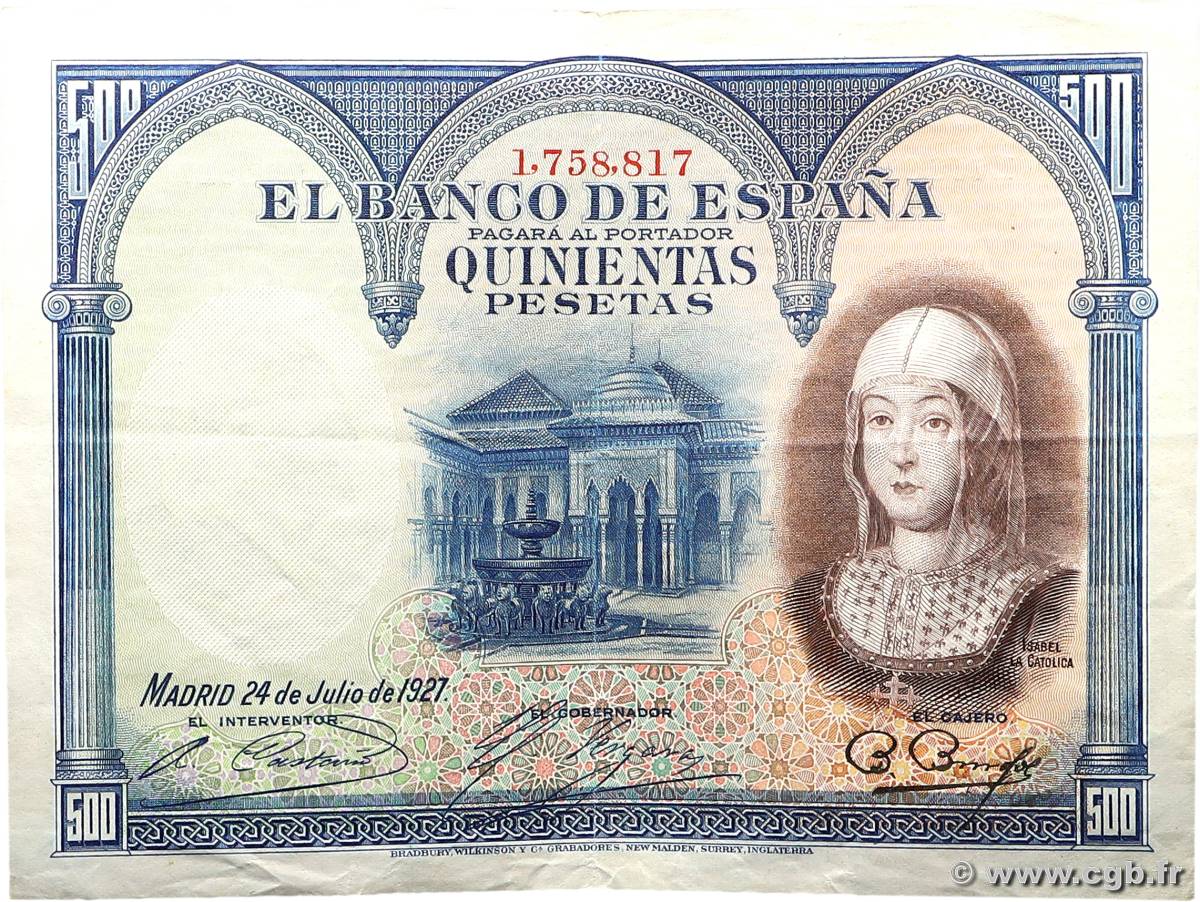 500 Pesetas SPAIN  1927 P.073c VF
