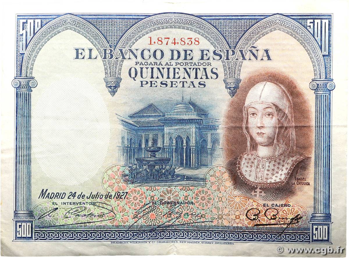 500 Pesetas ESPAGNE  1927 P.073c TTB
