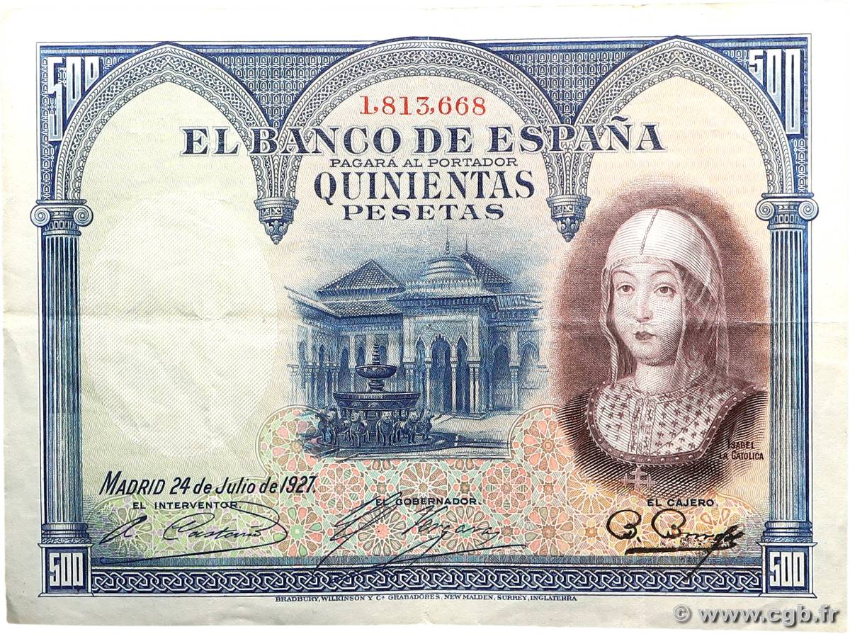 500 Pesetas ESPAGNE  1927 P.073c TTB