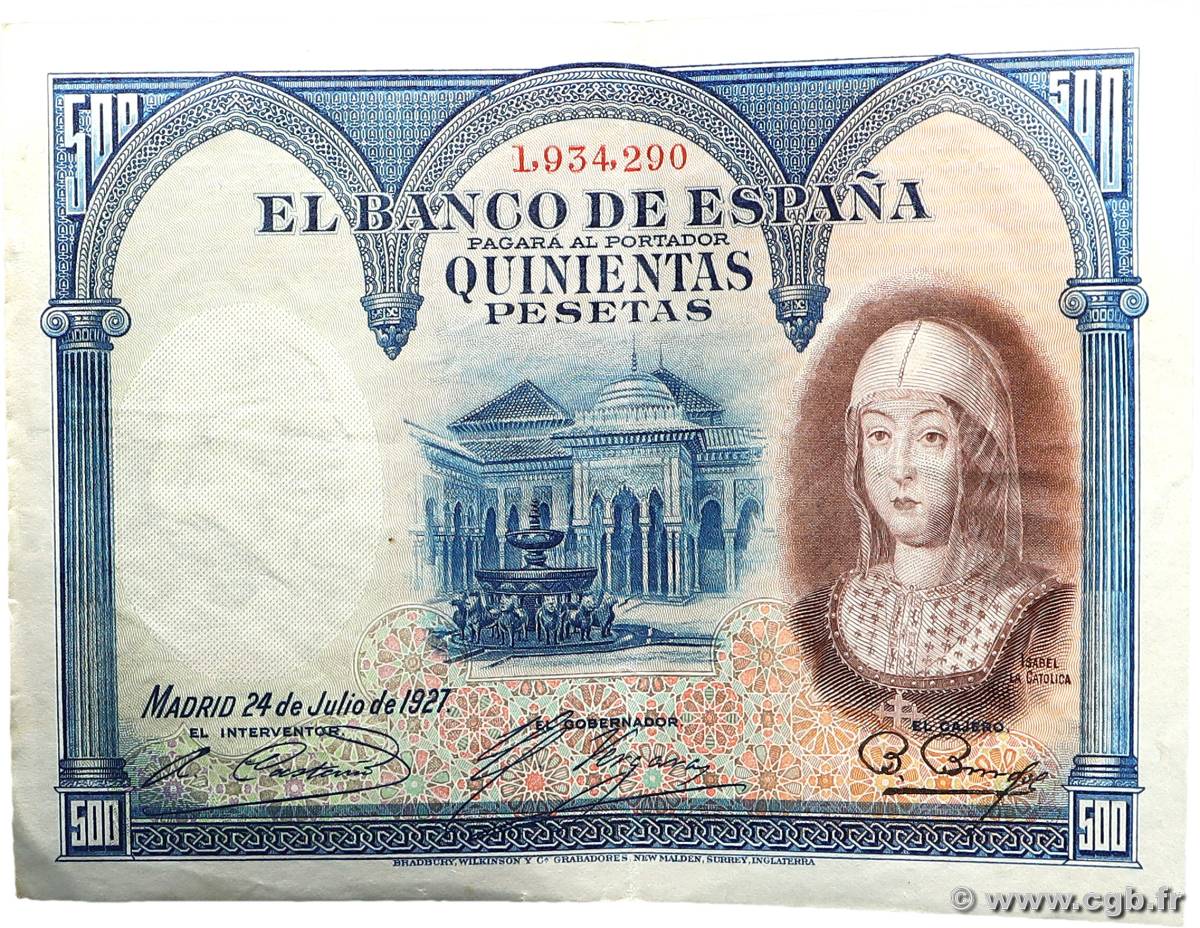 500 Pesetas ESPAGNE  1927 P.073c pr.TTB