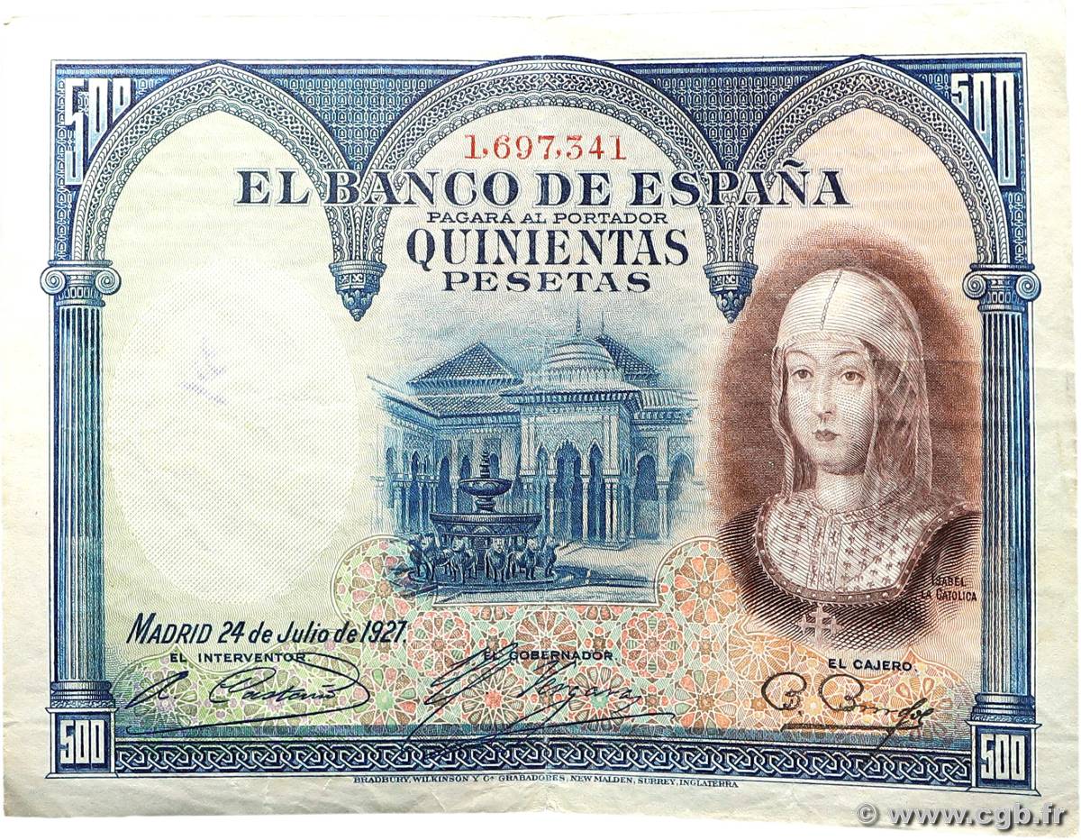 500 Pesetas ESPAÑA  1927 P.073c BC+