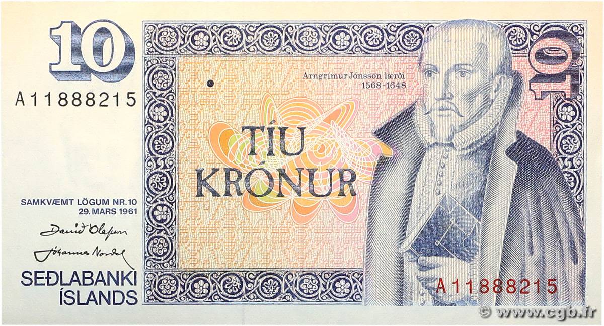 10 Kronur ISLAND  1961 P.48a VZ+