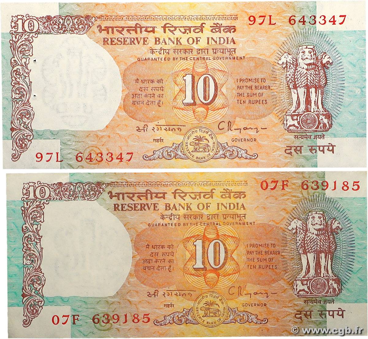 10 Rupees Lot INDIA  1990 P.088e AU