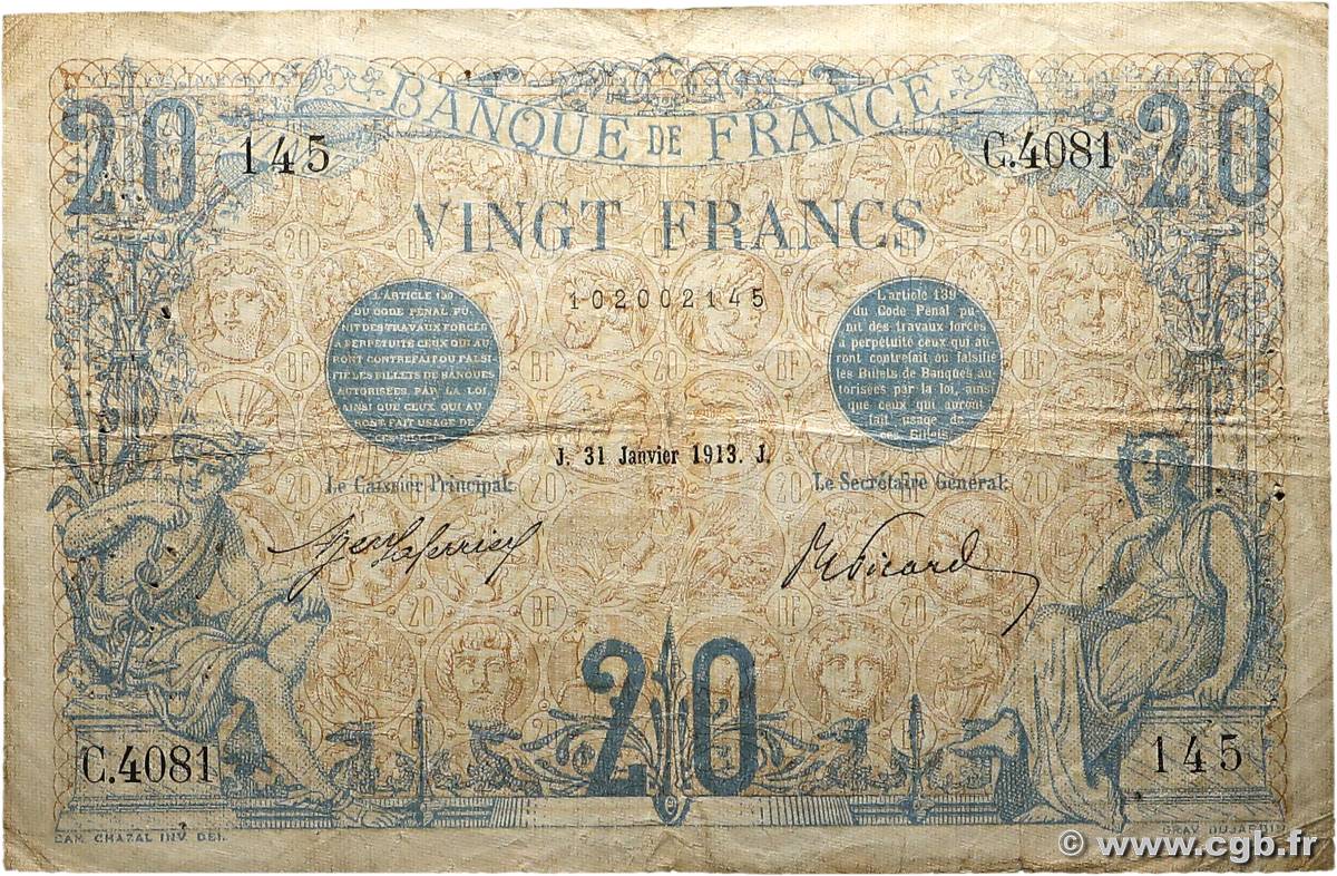 20 Francs BLEU FRANCE  1913 F.10.03 B+