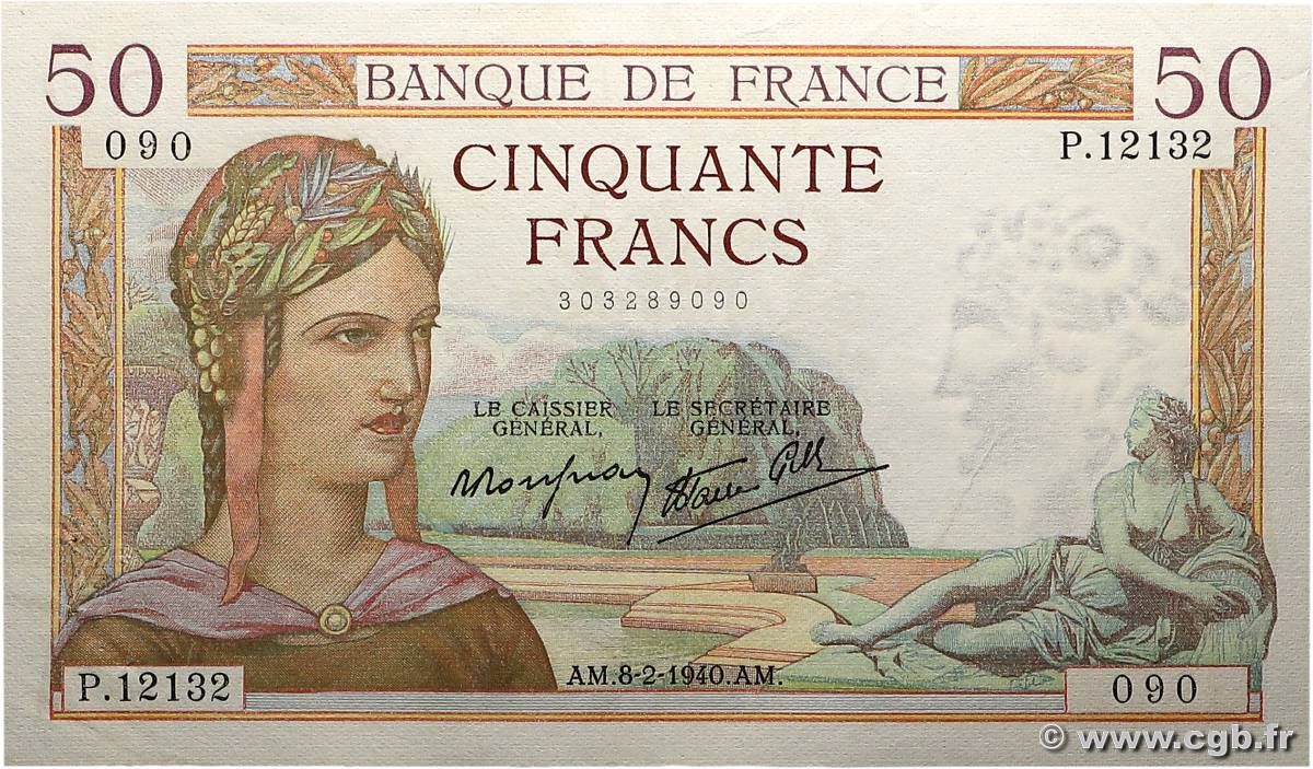 50 Francs CÉRÈS modifié FRANCE  1940 F.18.38 TTB+