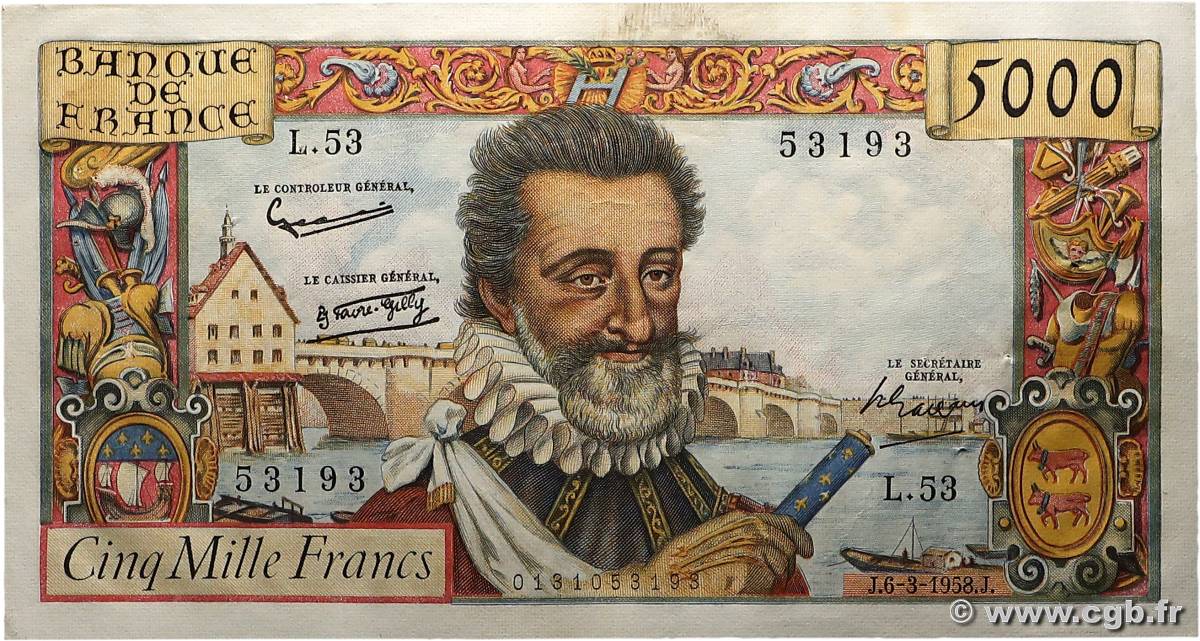 5000 Francs HENRI IV FRANCE  1958 F.49.06 TTB+