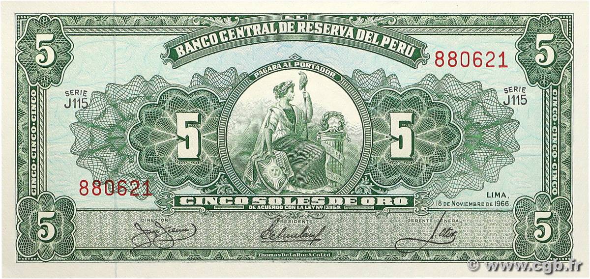 5 Soles de Oro PÉROU  1966 P.083 NEUF