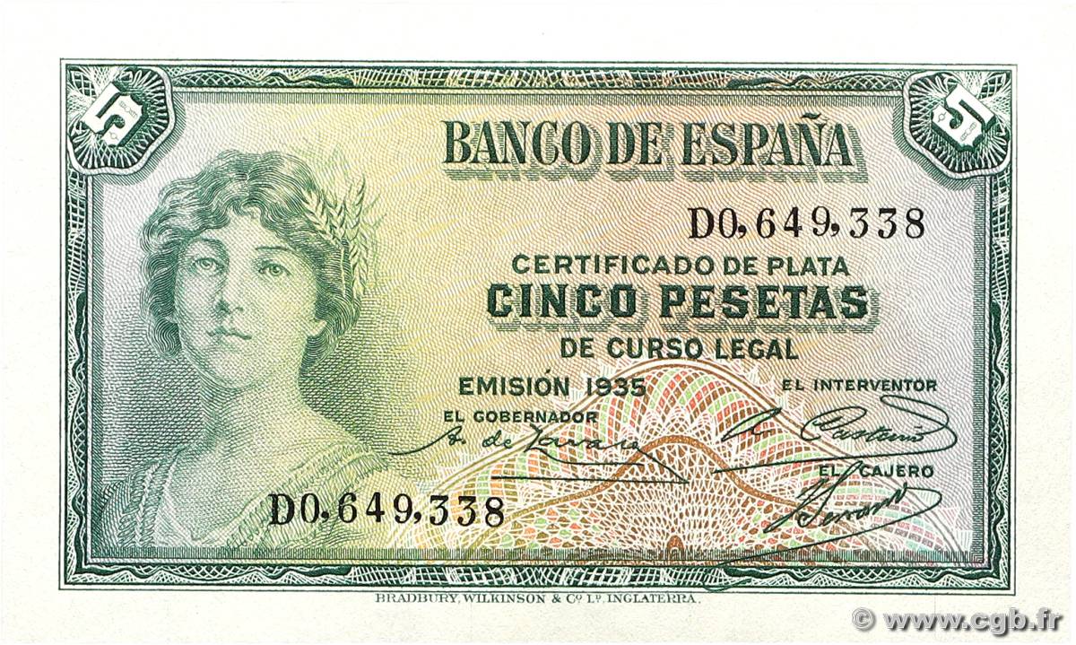 5 Pesetas SPAIN  1935 P.085a UNC