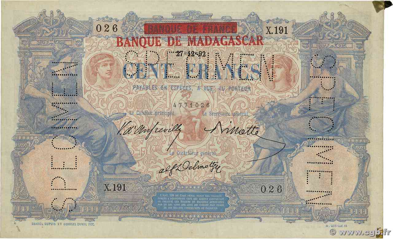 100 Francs Spécimen MADAGASCAR  1892 P.034s XF