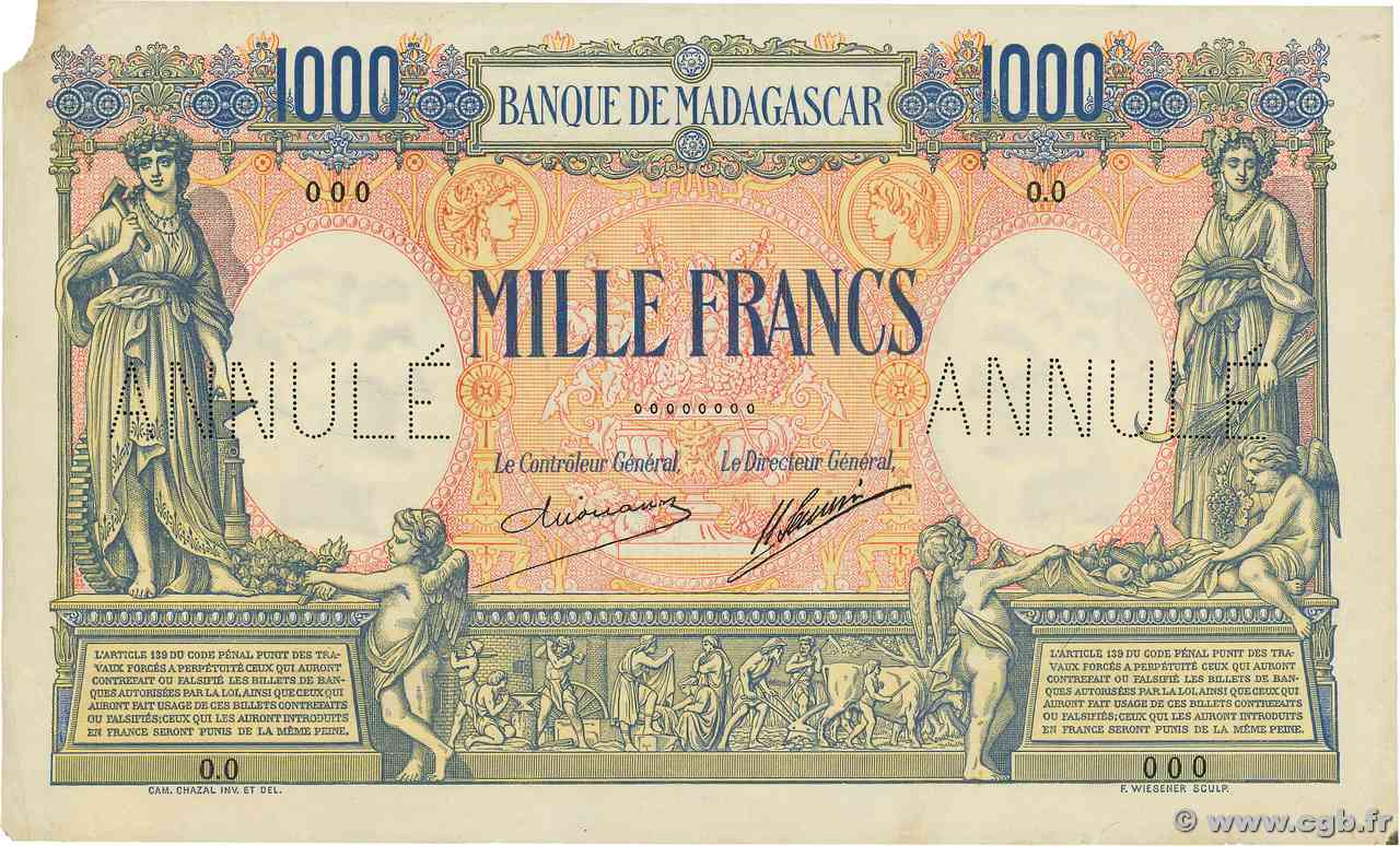 1000 Francs Spécimen MADAGASCAR  1926 P.042s BB