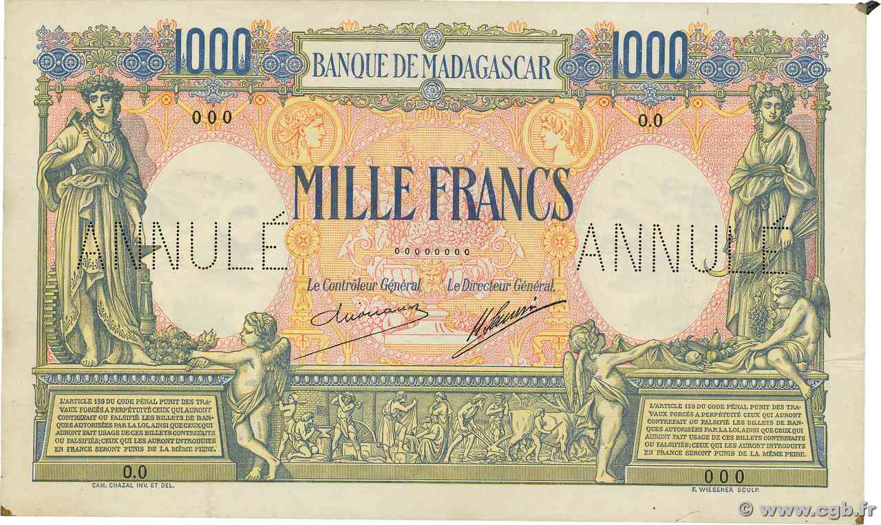 1000 Francs Spécimen MADAGASCAR  1926 P.042s pr.SUP
