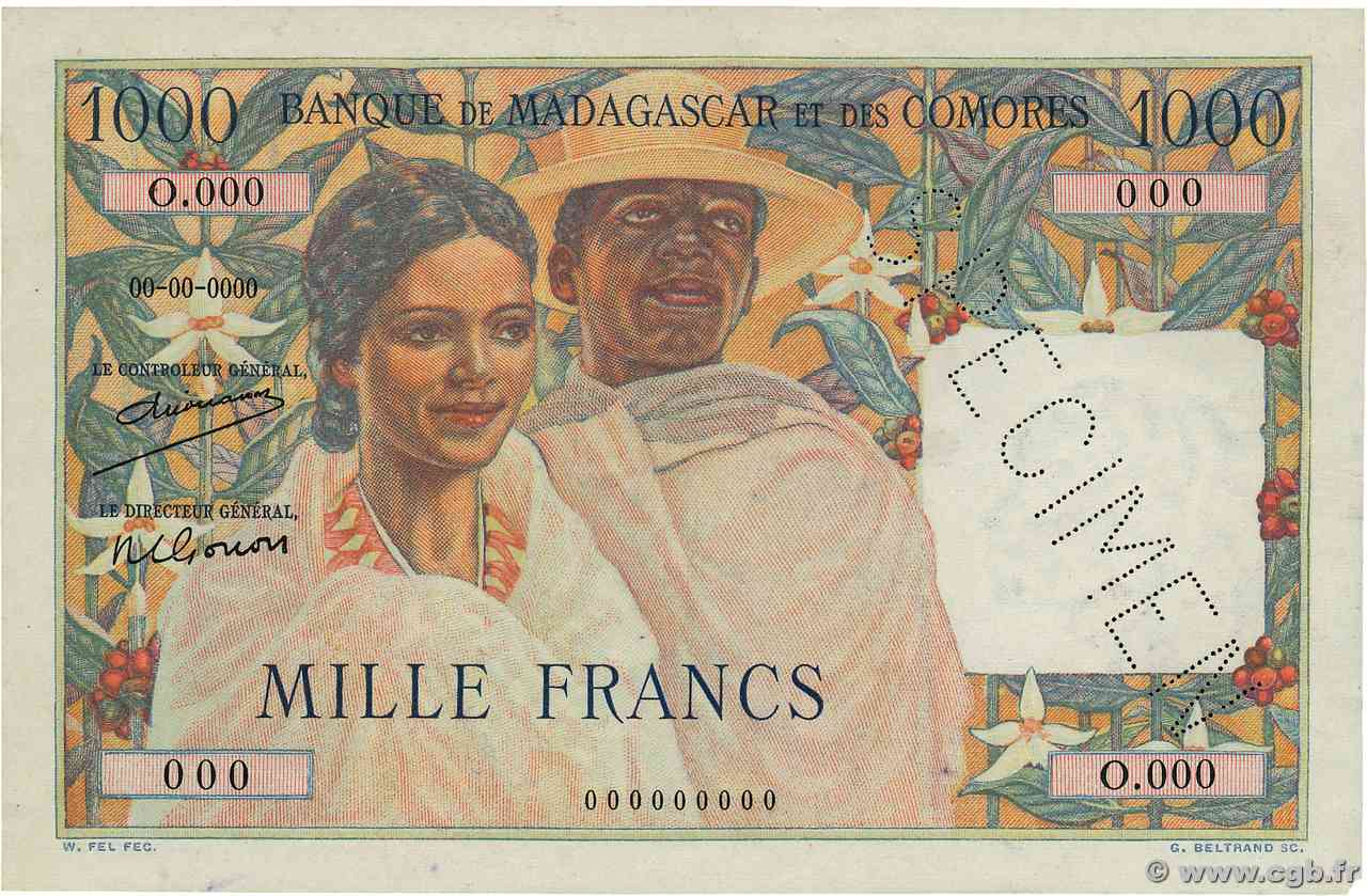 1000 Francs Spécimen MADAGASCAR  1950 P.048as SPL+