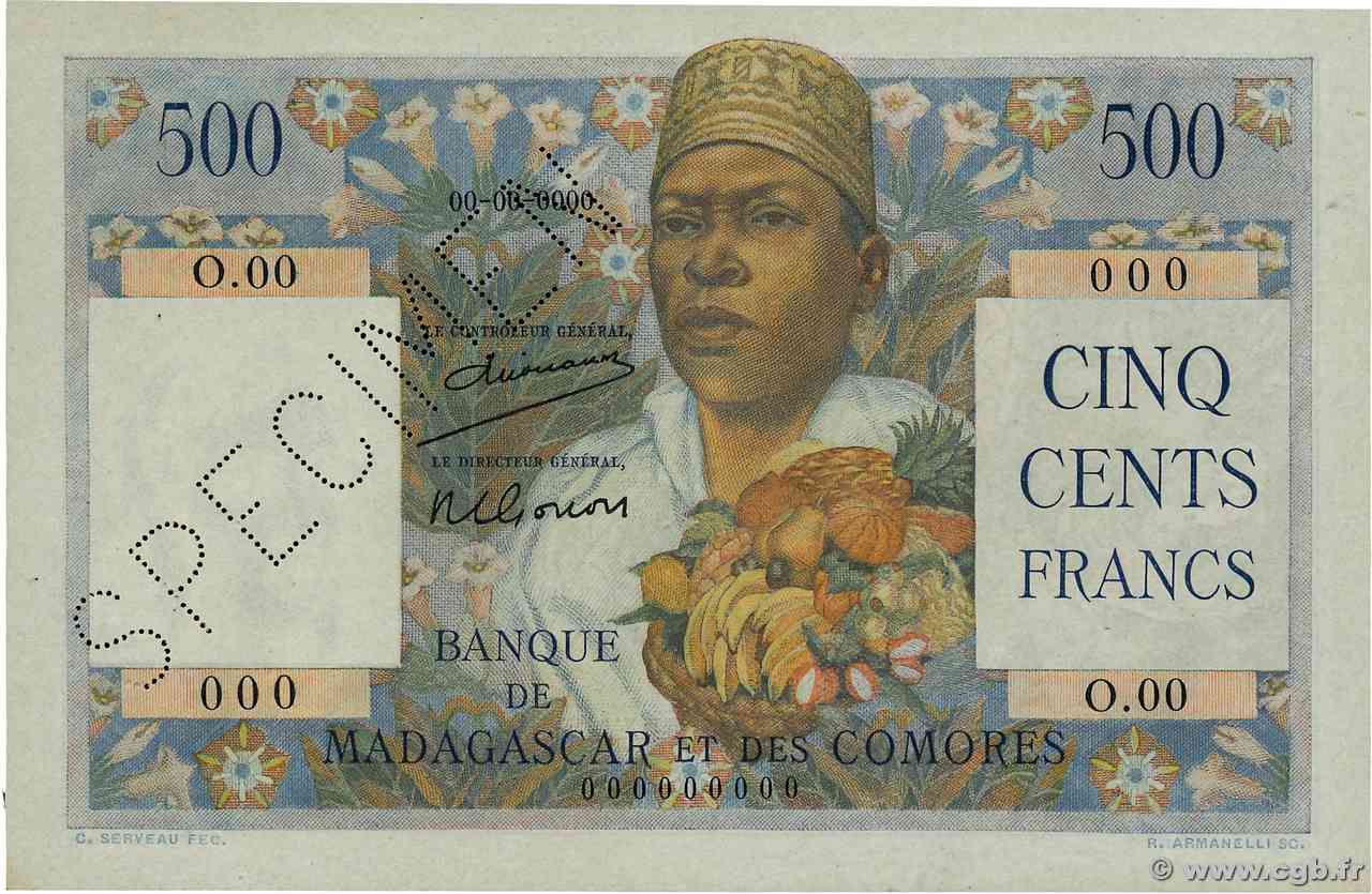 500 Francs Spécimen MADAGASCAR  1950 P.047as AU+