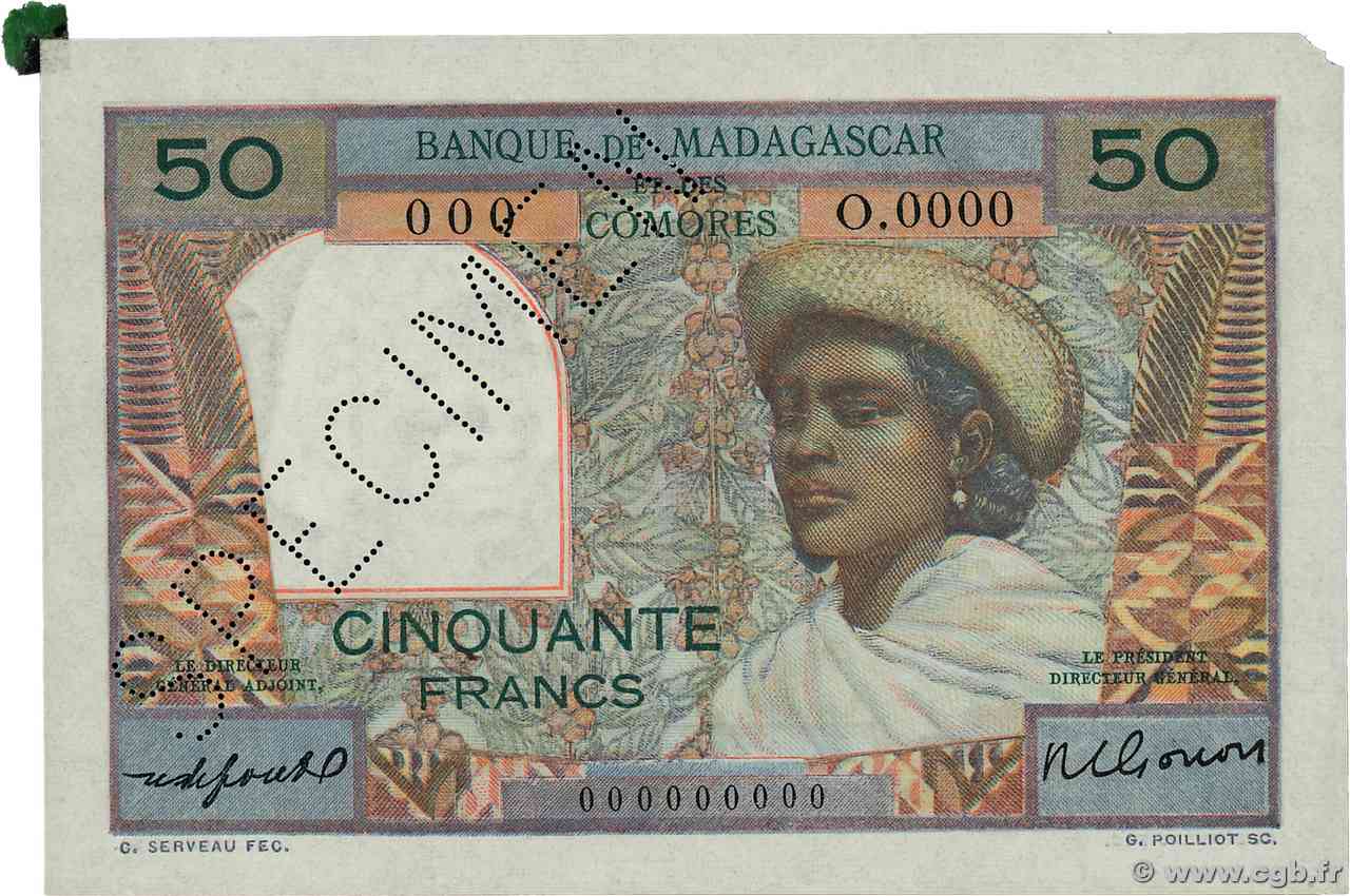 50 Francs Spécimen MADAGASCAR  1951 P.045bs XF