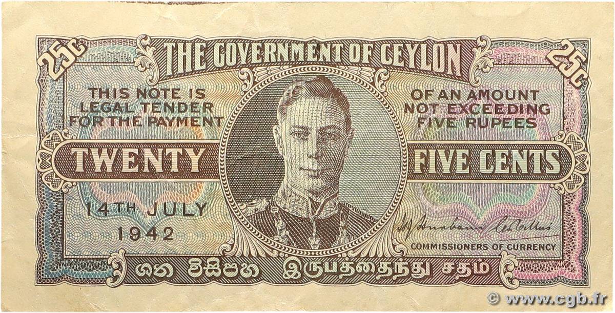 25 Cents CEYLON  1942 P.044a F+