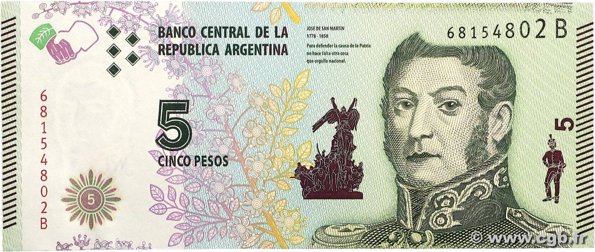 5 Pesos ARGENTINA  2015 P.359 UNC-