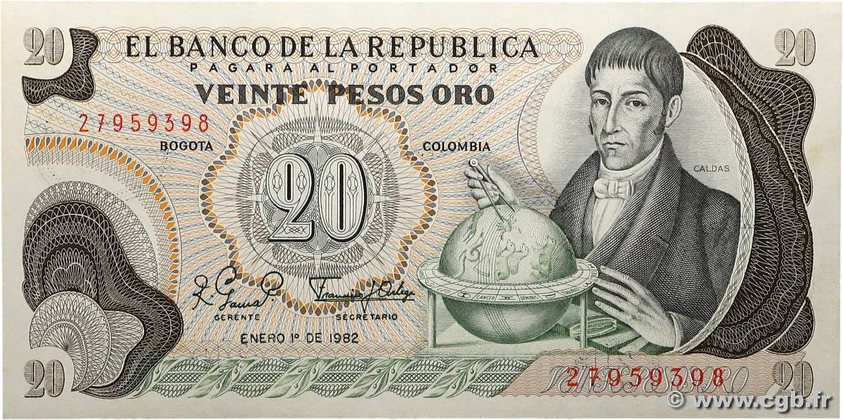 20 Pesos Oro COLOMBIA  1982 P.409d EBC+