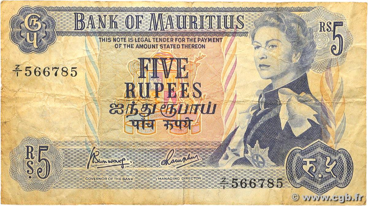 5 Rupees Remplacement MAURITIUS  1967 P.30cr G