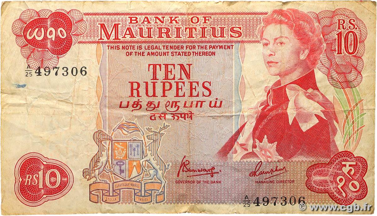 10 Rupees MAURITIUS  1967 P.31c VG