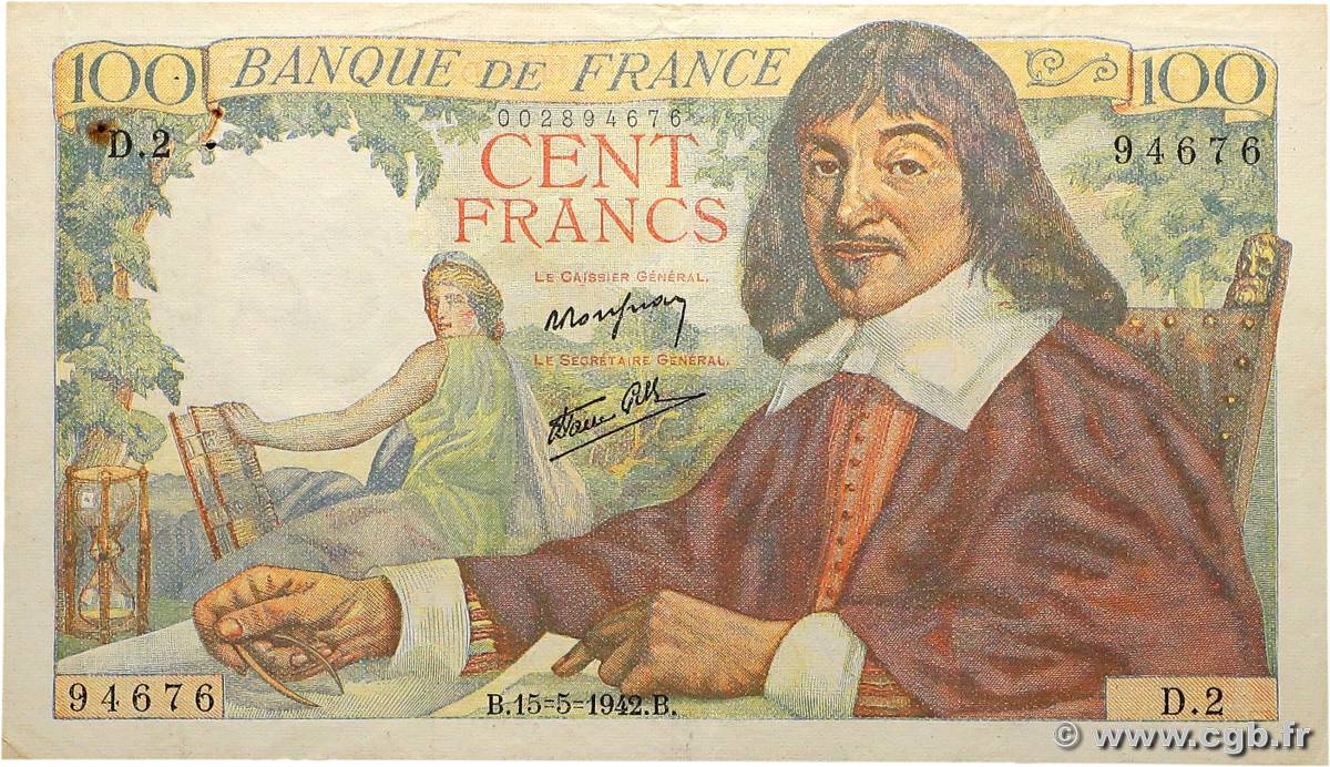 100 Francs DESCARTES FRANCIA  1942 F.27.01 q.BB